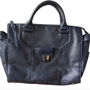B. Makowsky Marion Navy Blue Leather Zip Satchel Handbag Purse